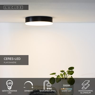 Lucide CERES-LED - Plafonnière Badkamer - Ø 21,5 cm - LED Dimb. - 1x30W 3000K - IP44 - Zwart